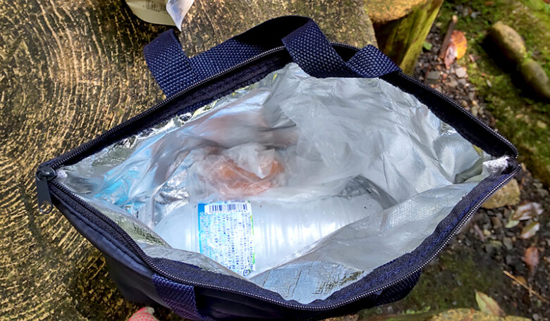 百均のクーラーバッグに凍らせた水とウインナー