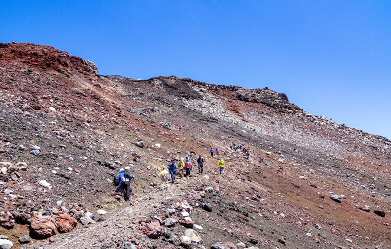 富士山の登山道を行く人々