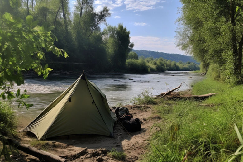 川辺に張られているテント